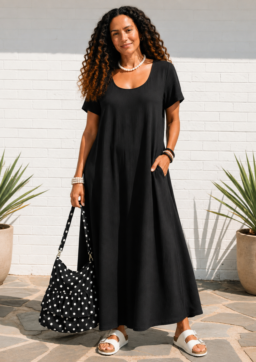 Short Sleeve Scoop Neck Maxi Dress with Pockets - Black-Zeemara