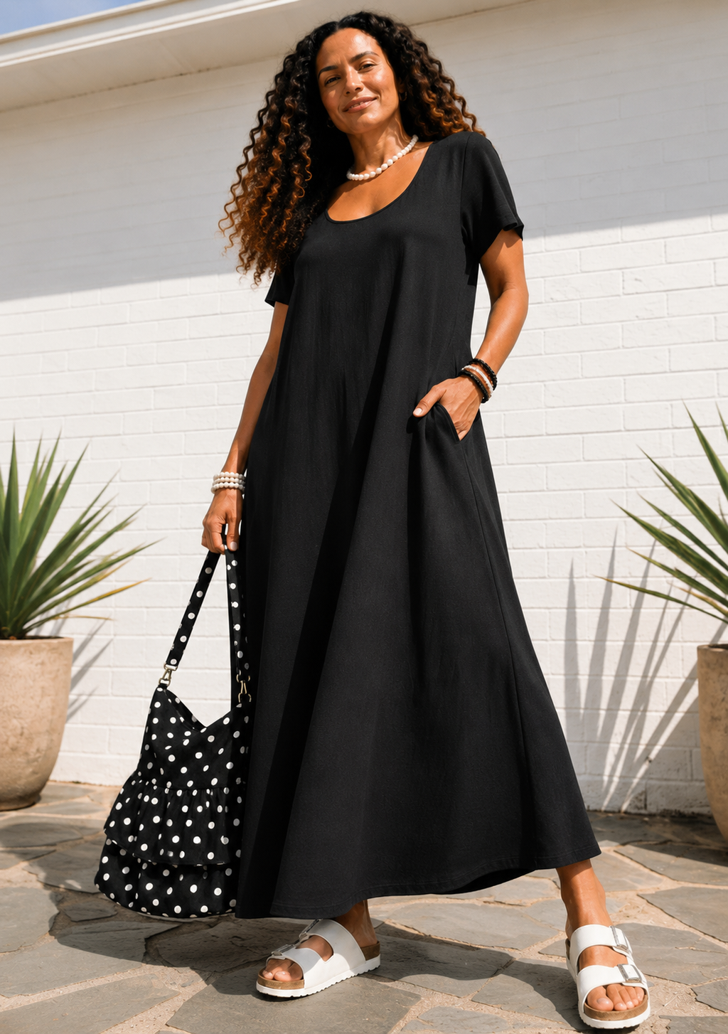 Short Sleeve Scoop Neck Maxi Dress with Pockets - Black-Zeemara