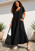 Short Sleeve Scoop Neck Maxi Dress with Pockets - Black-Zeemara