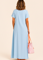 Short Sleeve Scoop Neck Maxi Dress with Pockets - Light Blue-Zeemara
