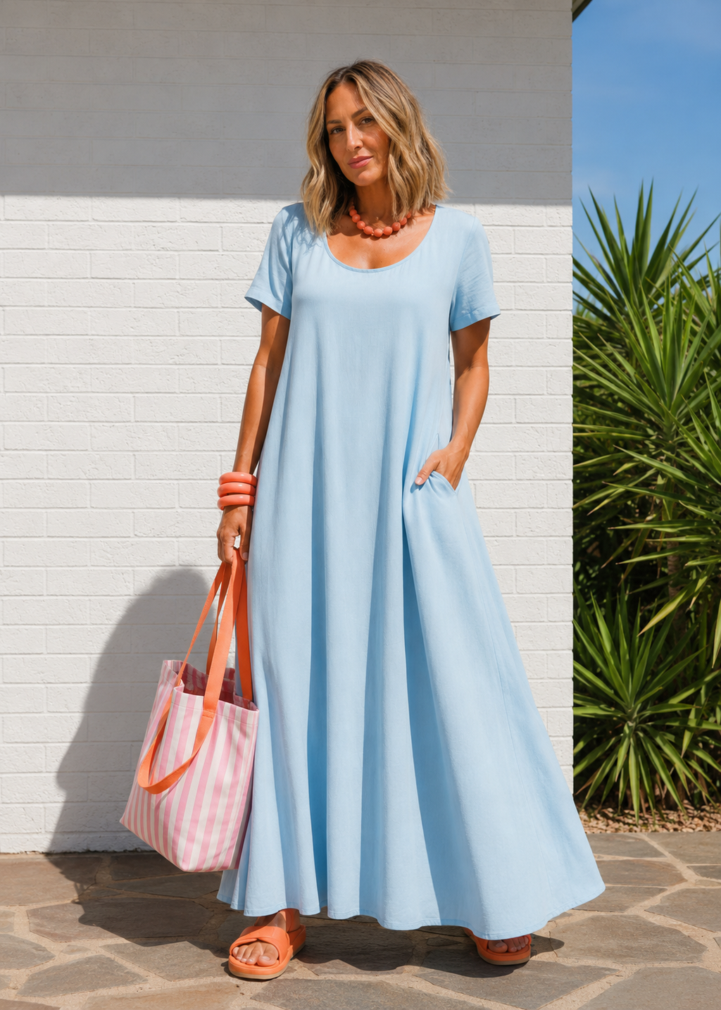 Short Sleeve Scoop Neck Maxi Dress with Pockets - Light Blue-Zeemara
