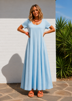 Short Sleeve Scoop Neck Maxi Dress with Pockets - Light Blue-Zeemara