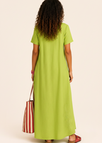 Short Sleeve Scoop Neck Maxi Dress with Pockets - Lime-Zeemara