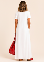 Short Sleeve Scoop Neck Maxi Dress with Pockets - White-Zeemara