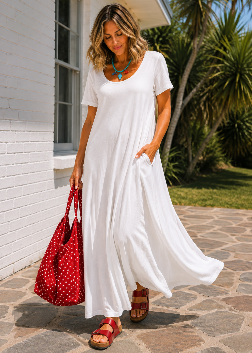 Short Sleeve Scoop Neck Maxi Dress with Pockets - White-Zeemara