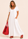 Short Sleeve Scoop Neck Maxi Dress with Pockets - White-Zeemara
