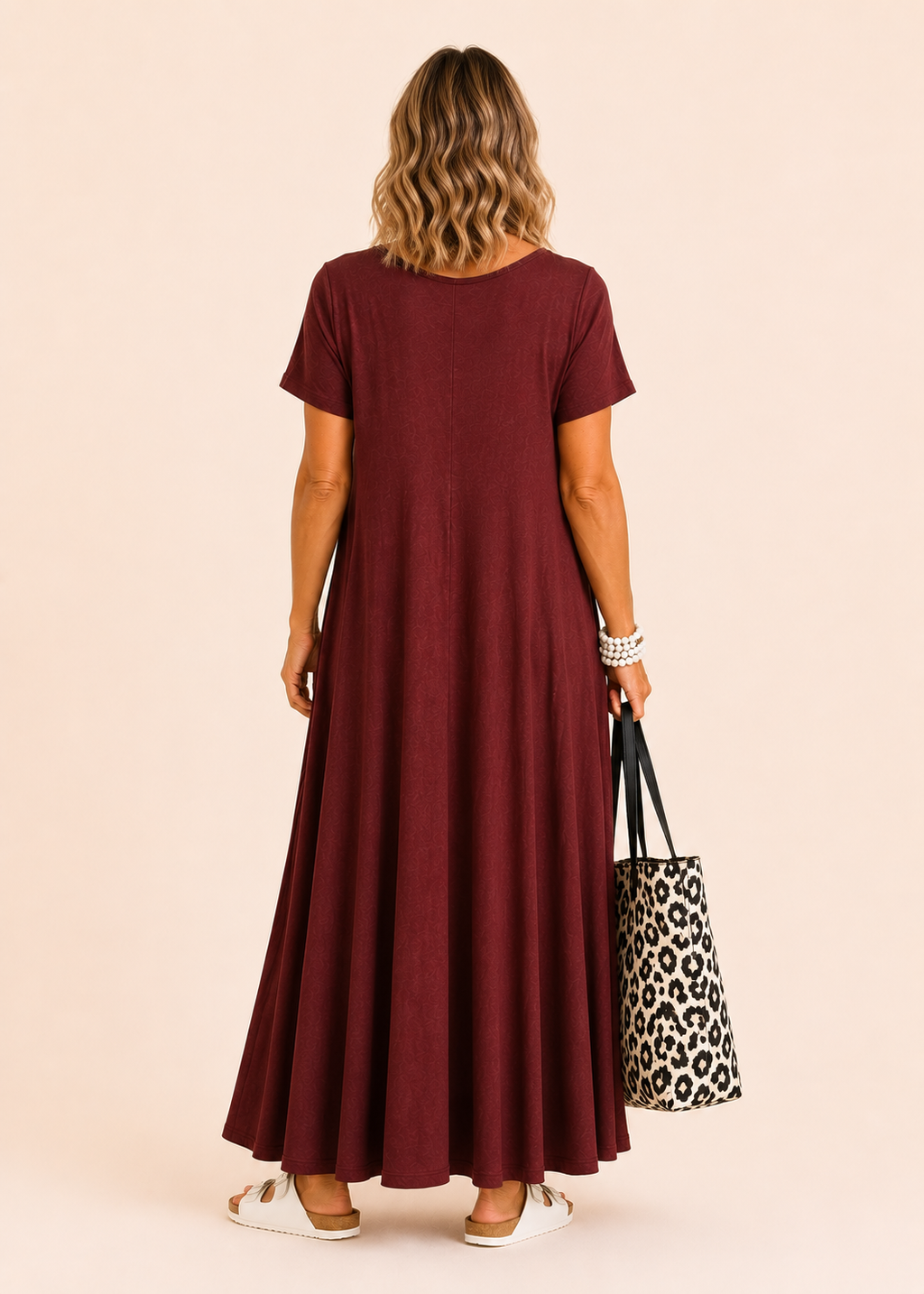 Short Sleeve Scoop Neck Maxi Dress with Pockets - Wine-Zeemara