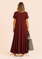 Short Sleeve Scoop Neck Maxi Dress with Pockets - Wine-Zeemara