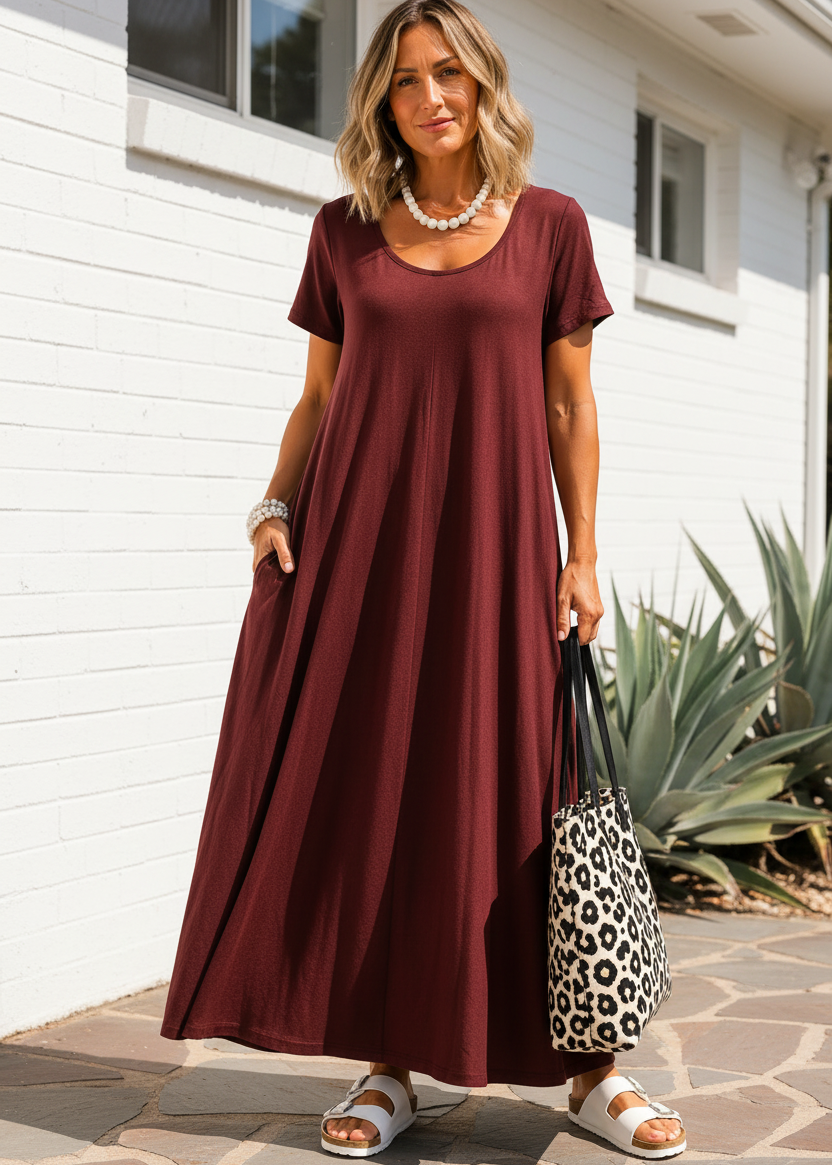 Short Sleeve Scoop Neck Maxi Dress with Pockets - Wine-Zeemara