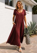 Short Sleeve Scoop Neck Maxi Dress with Pockets - Wine-Zeemara