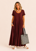 Short Sleeve Scoop Neck Maxi Dress with Pockets - Wine-Zeemara