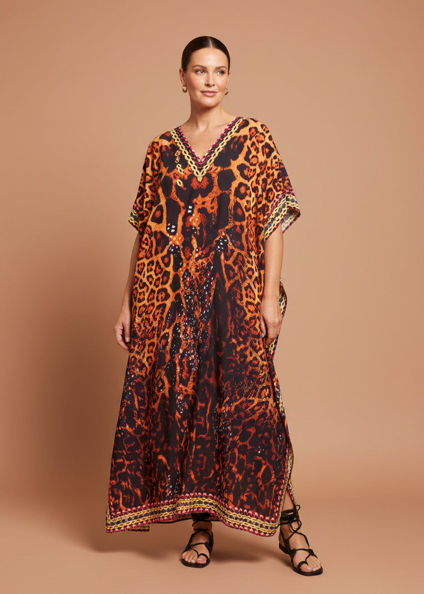 Solar Cheetah V Neck Kaftan-Zeemara