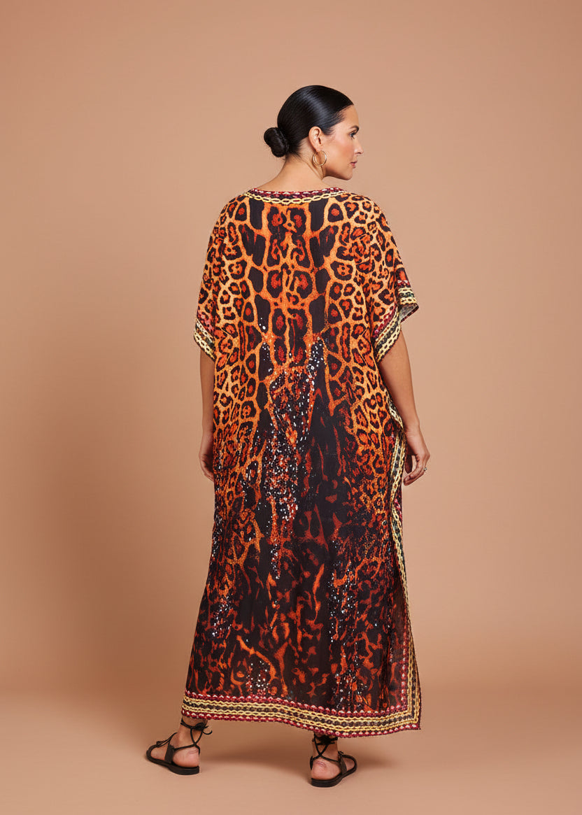 Solar Cheetah V Neck Kaftan-Zeemara