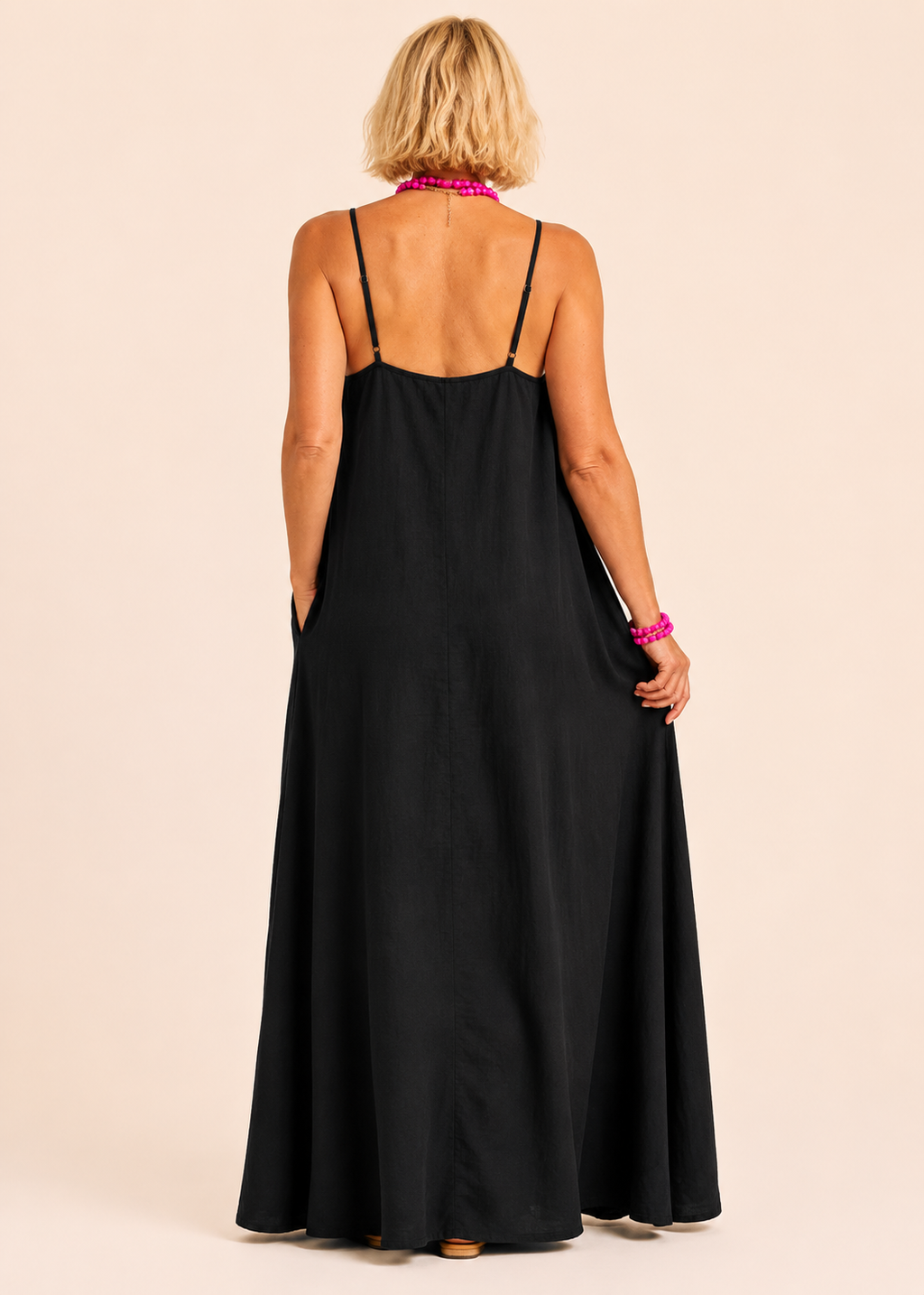 Square Neck Spaghetti Strap Maxi Dress with Pockets - Black-Zeemara
