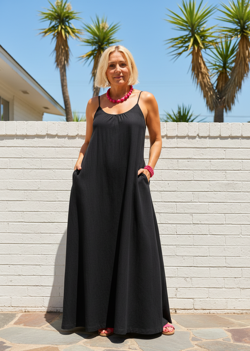 Square Neck Spaghetti Strap Maxi Dress with Pockets - Black-Zeemara