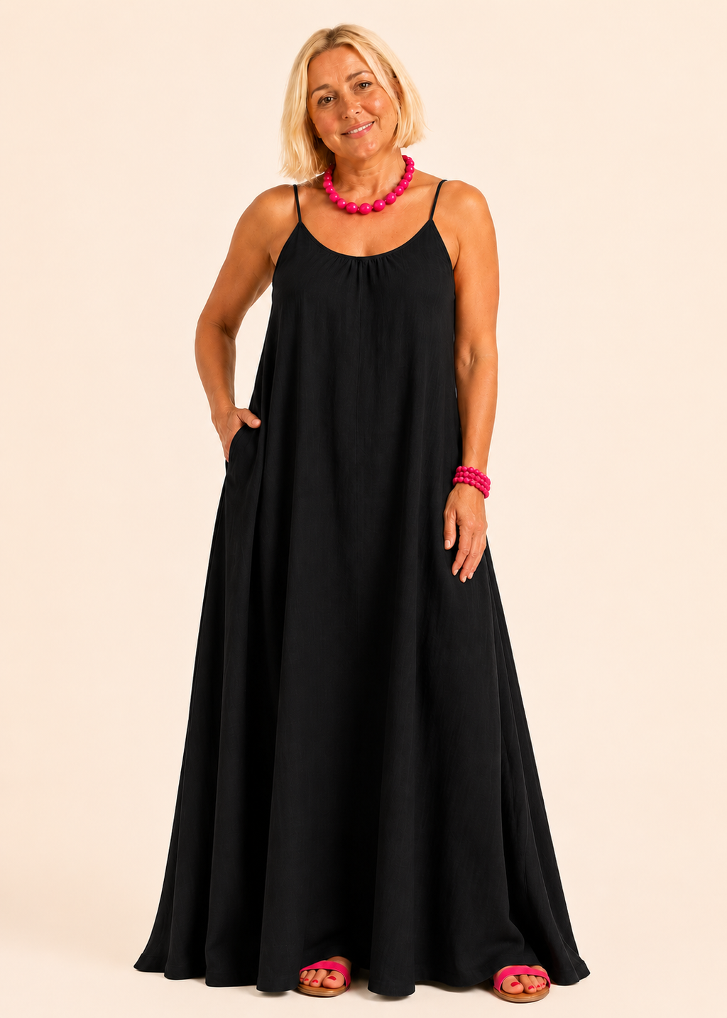 Square Neck Spaghetti Strap Maxi Dress with Pockets - Black-Zeemara