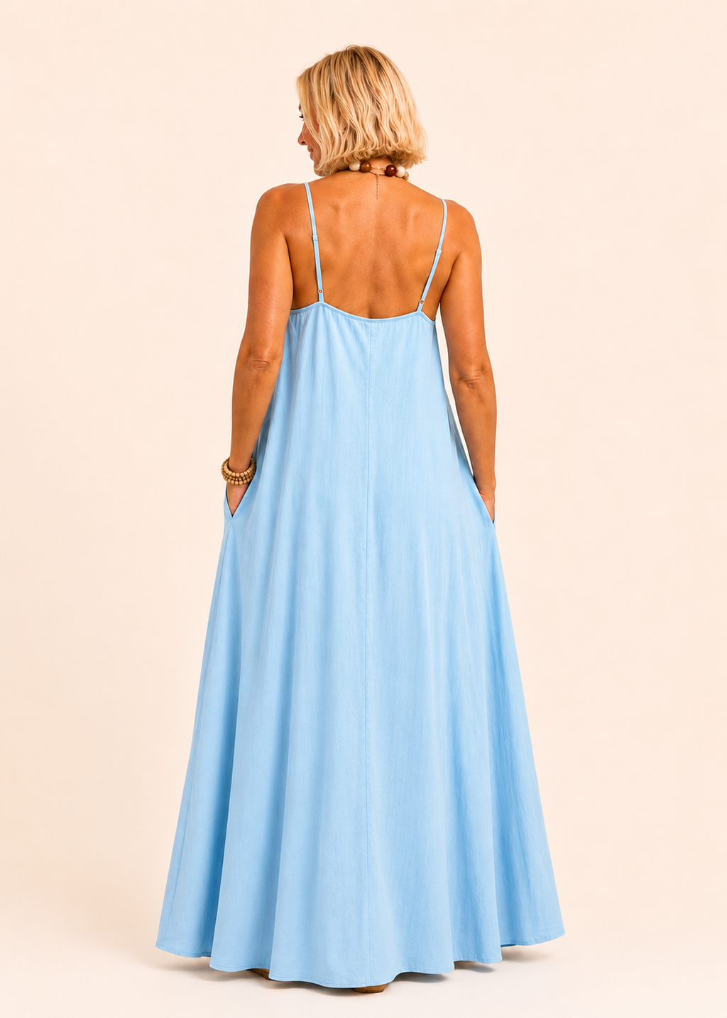 Square Neck Spaghetti Strap Maxi Dress with Pockets - Light Blue-Zeemara