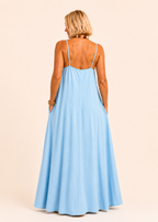 Square Neck Spaghetti Strap Maxi Dress with Pockets - Light Blue-Zeemara