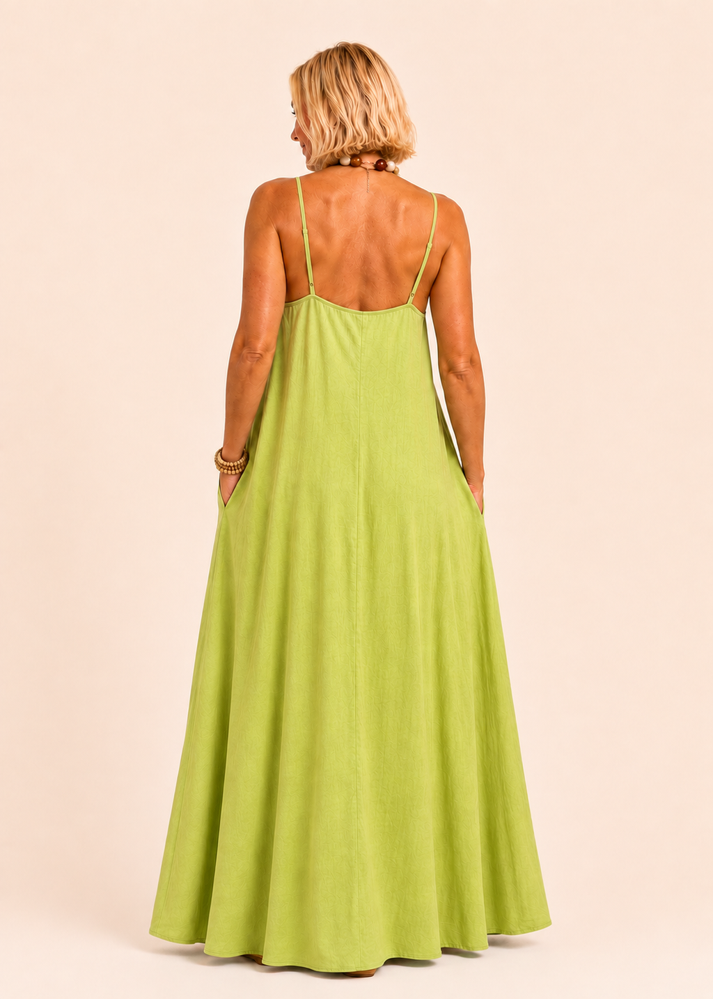 Square Neck Spaghetti Strap Maxi Dress with Pockets - Lime-Zeemara