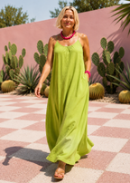 Square Neck Spaghetti Strap Maxi Dress with Pockets - Lime-Zeemara