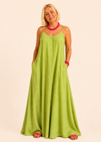 Square Neck Spaghetti Strap Maxi Dress with Pockets - Lime-Zeemara