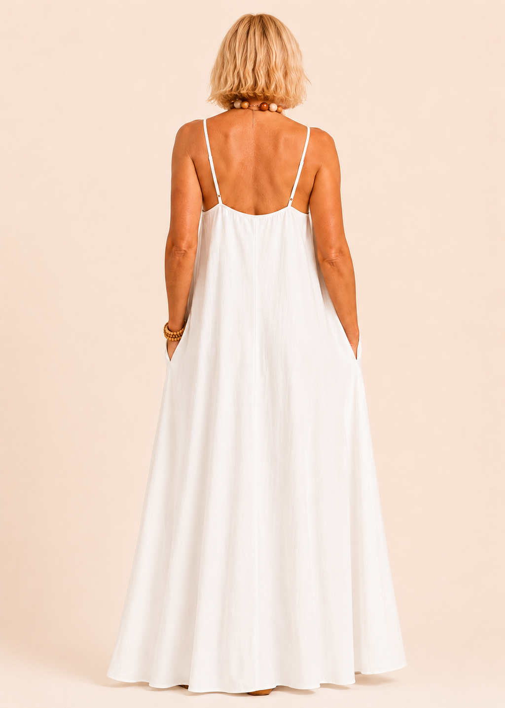 Square Neck Spaghetti Strap Maxi Dress with Pockets - White-Zeemara
