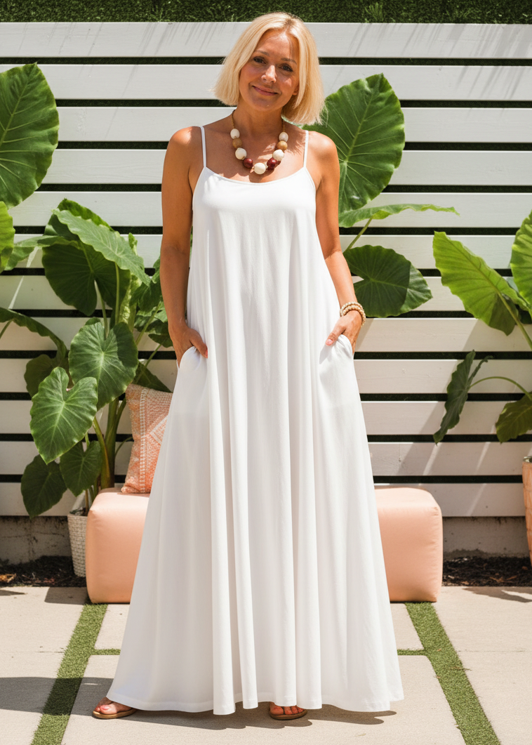 Square Neck Spaghetti Strap Maxi Dress with Pockets - White-Zeemara