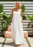 Square Neck Spaghetti Strap Maxi Dress with Pockets - White-Zeemara