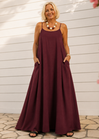 Square Neck Spaghetti Strap Maxi Dress with Pockets - Wine-Zeemara