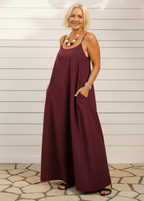 Square Neck Spaghetti Strap Maxi Dress with Pockets - Wine-Zeemara