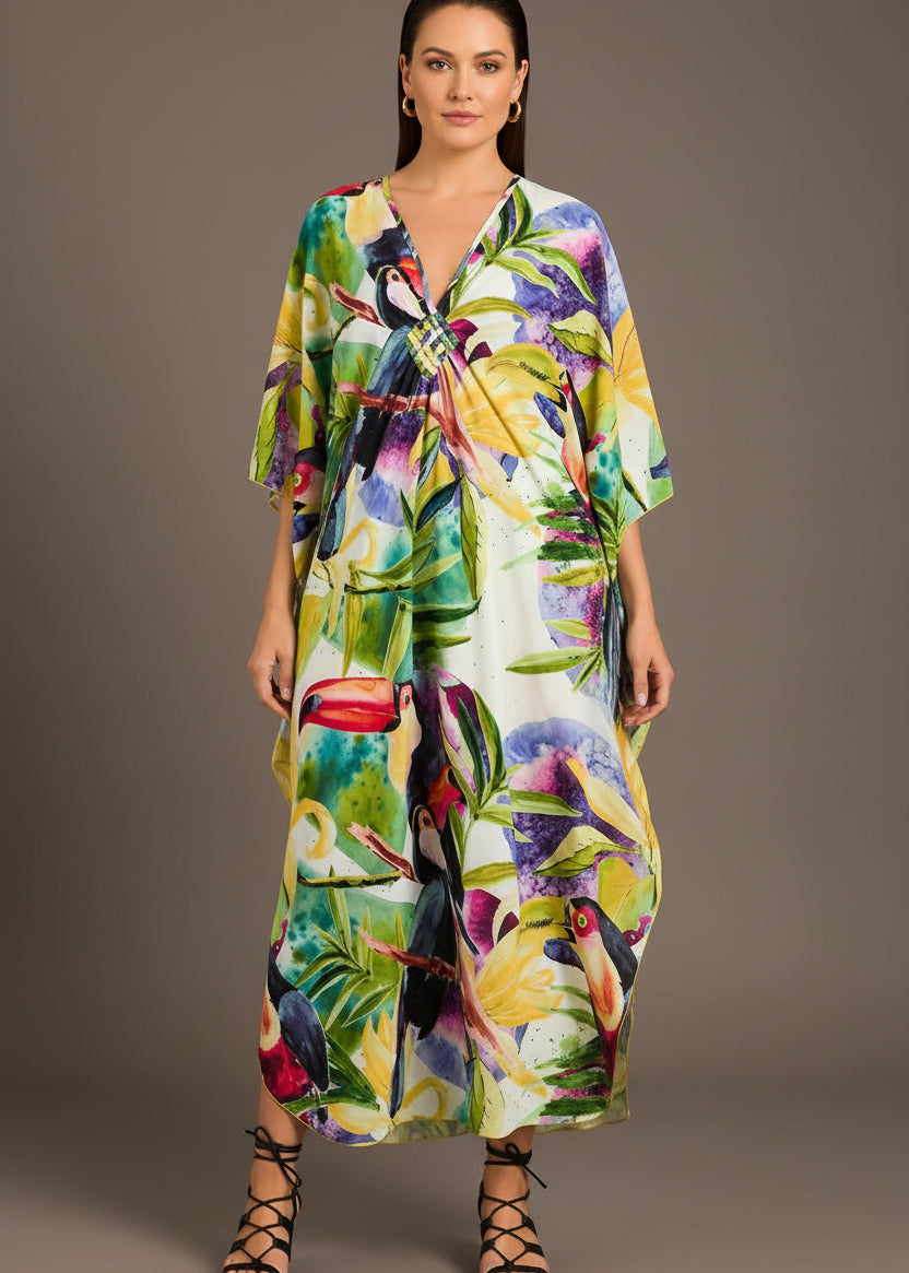 Toucan Terrace V Neck Kaftan with Diamond Pintuck-Zeemara