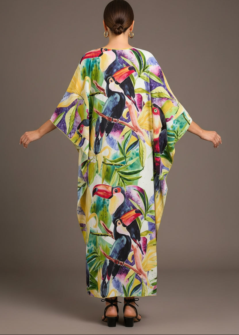 Toucan Terrace V Neck Kaftan with Diamond Pintuck-Zeemara