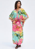 Tropical Sorbet V Neck Kaftan with Diamond Pintuck-Zeemara