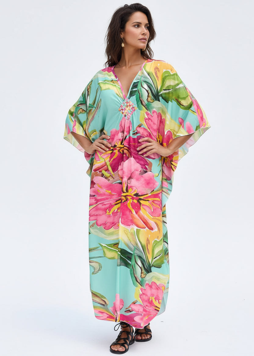 Tropical Sorbet V Neck Kaftan with Diamond Pintuck-Zeemara