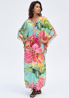 Tropical Sorbet V Neck Kaftan with Diamond Pintuck-Zeemara