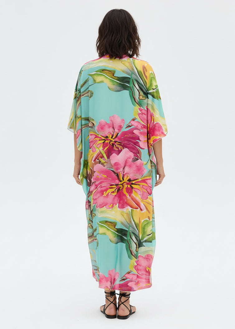 Tropical Sorbet V Neck Kaftan with Diamond Pintuck-Zeemara