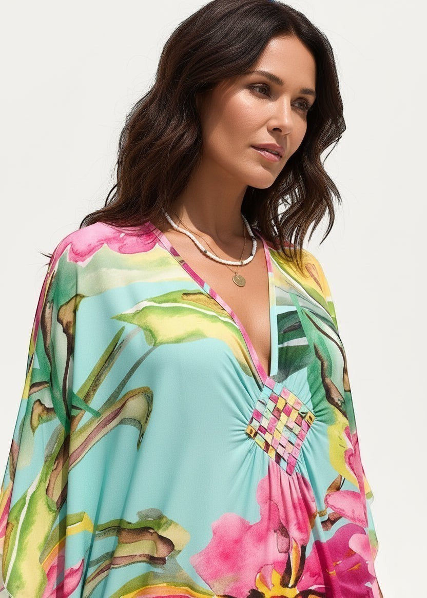 Tropical Sorbet V Neck Kaftan with Diamond Pintuck-Zeemara