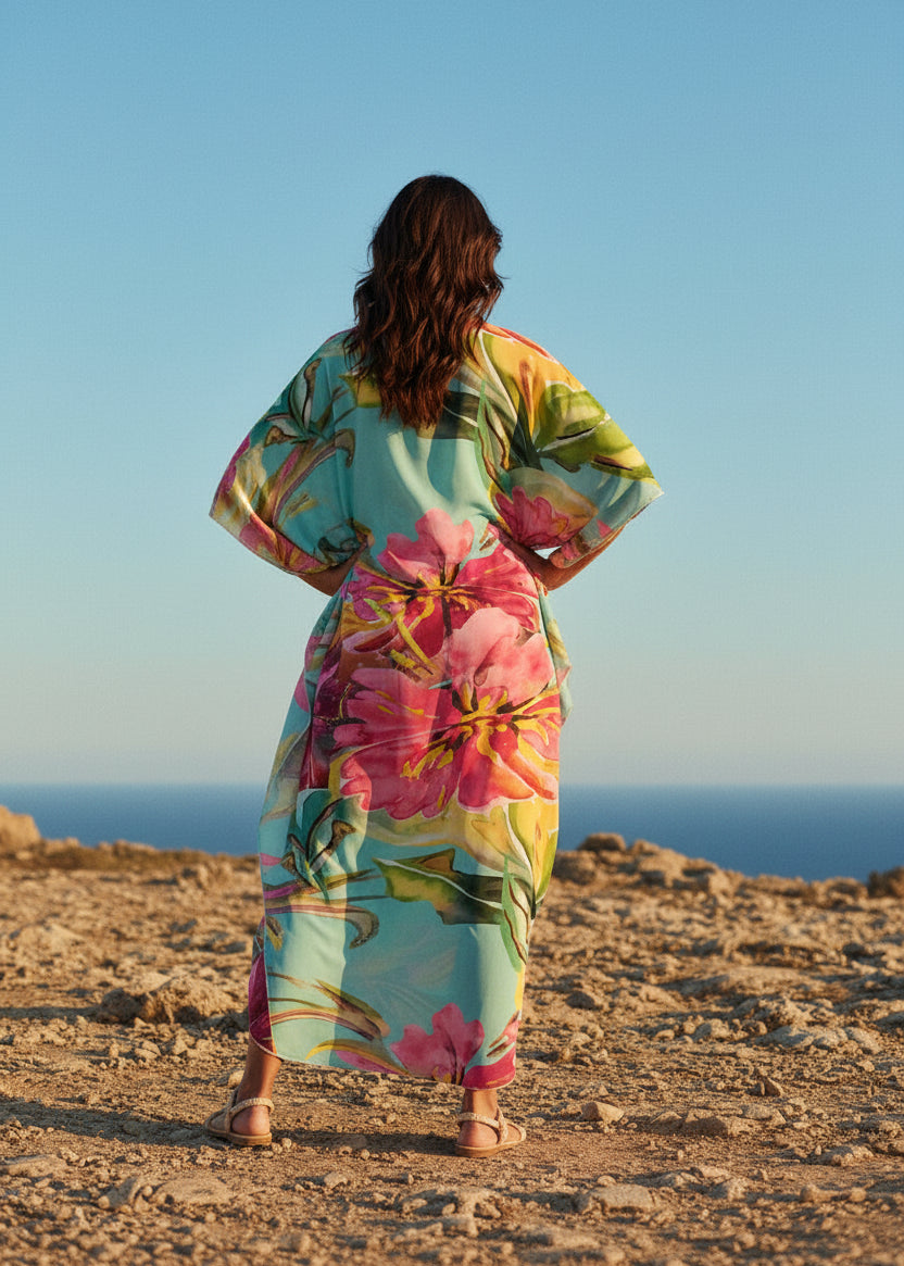 Tropical Sorbet V Neck Kaftan with Diamond Pintuck-Zeemara
