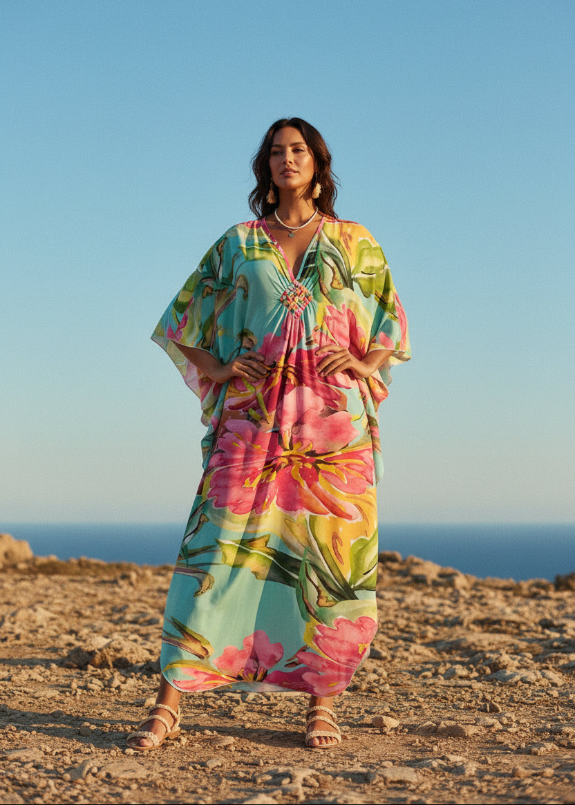 Tropical Sorbet V Neck Kaftan with Diamond Pintuck-Zeemara
