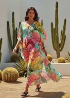 Tropical Sorbet V Neck Kaftan with Diamond Pintuck-Zeemara