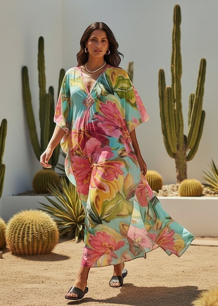 Tropical Sorbet V Neck Kaftan with Diamond Pintuck-Zeemara