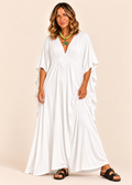 V Neck Kaftan with Diamond Pintuck - White