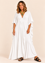 V Neck Kaftan with Diamond Pintuck - White