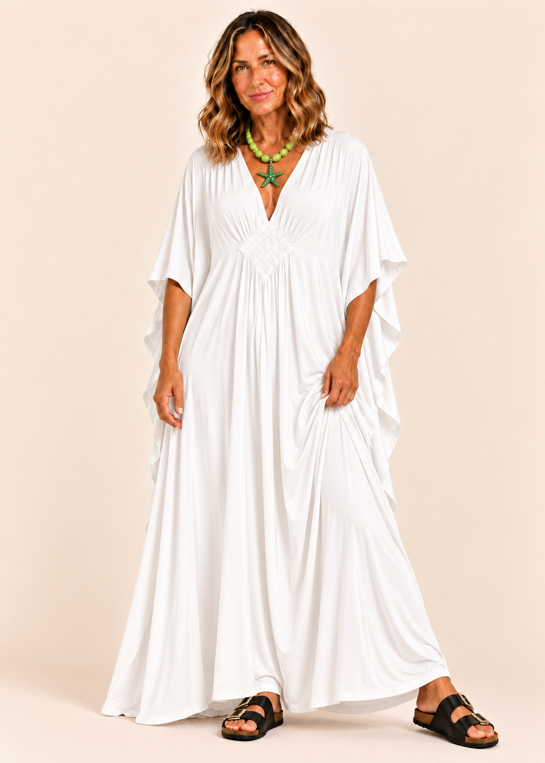 V Neck Kaftan with Diamond Pintuck - White