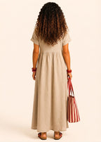 V Neck Maxi Dress with Zip Front & Pockets - Beige-Zeemara