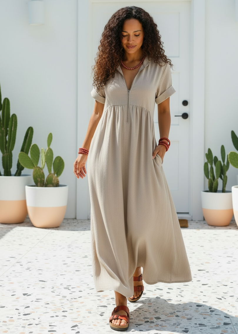 V Neck Maxi Dress with Zip Front & Pockets - Beige-Zeemara