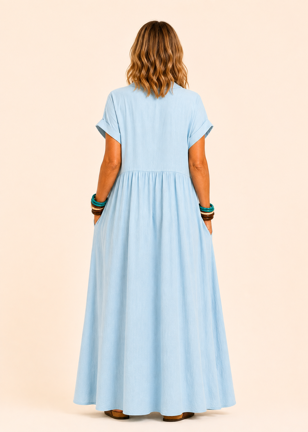 V Neck Maxi Dress with Zip Front & Pockets - Light Blue-Zeemara