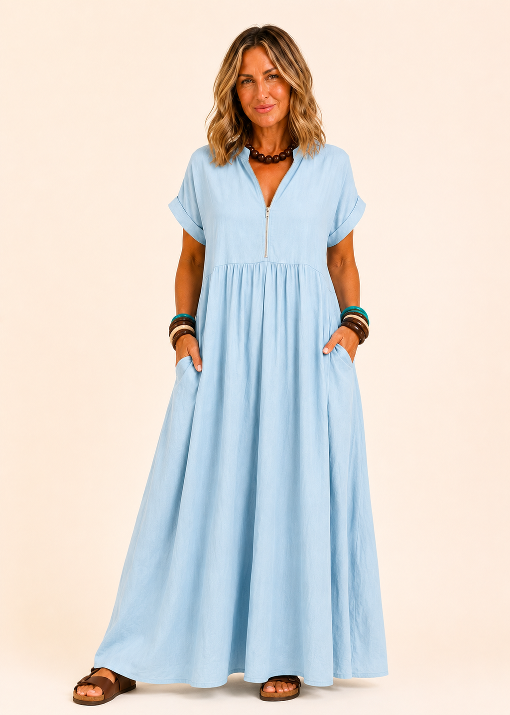 V Neck Maxi Dress with Zip Front & Pockets - Light Blue-Zeemara