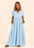 V Neck Maxi Dress with Zip Front & Pockets - Light Blue-Zeemara