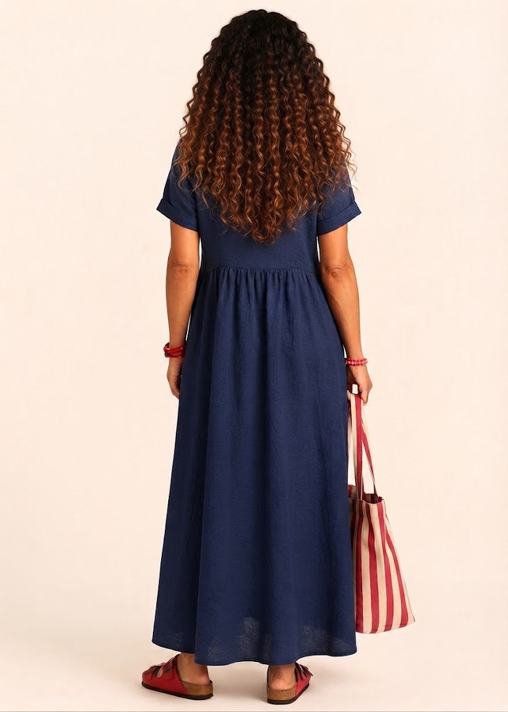 V Neck Maxi Dress with Zip Front & Pockets - Navy-Zeemara